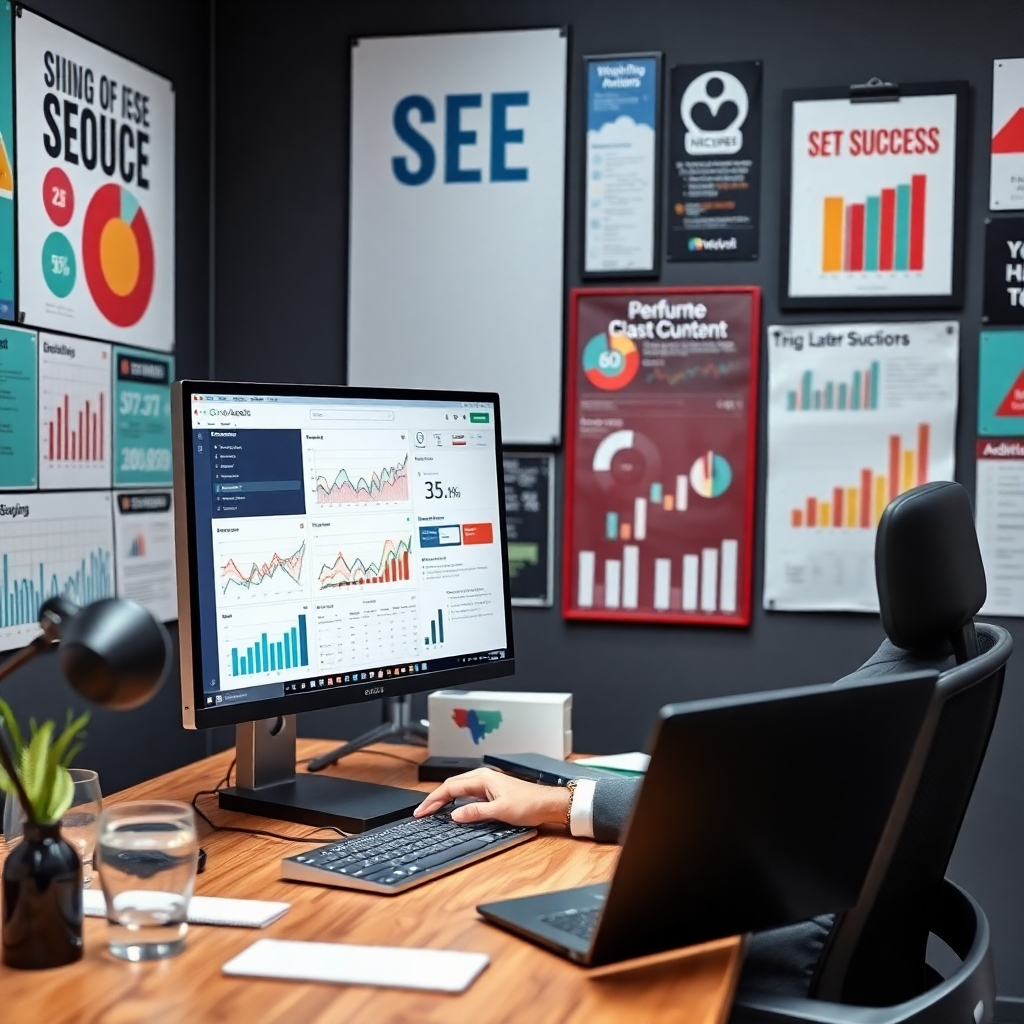 A sleek image capturing an SEO expert analyzing data on a computer screen filled with charts and analytics. The background is filled with motivational posters and charts highlighting success. The color scheme is professional yet motivating, projecting a sense of achievement. Style references include digital marketing environments. Technical specs: 4K resolution, high quality.