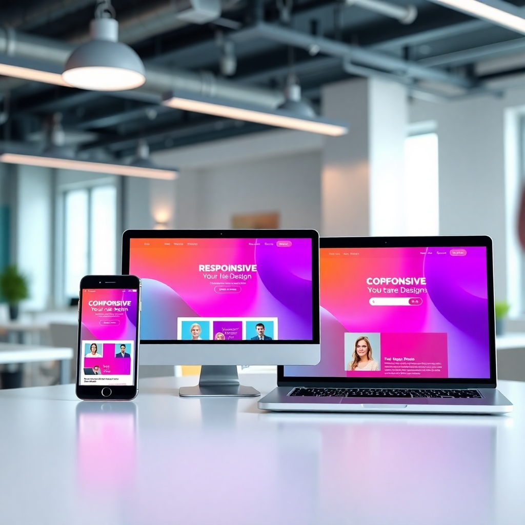 A sleek image showcasing a responsive web design on different devices – a smartphone, tablet, and a laptop. The setting is a bright office with modern decor, promoting a tech-savvy vibe. The lighting highlights the screens with vibrant colors, emphasizing versatility. Texture details of the devices enhance the concept of connectivity. Style references include tech product photography. Technical specs: 4K resolution, high quality.