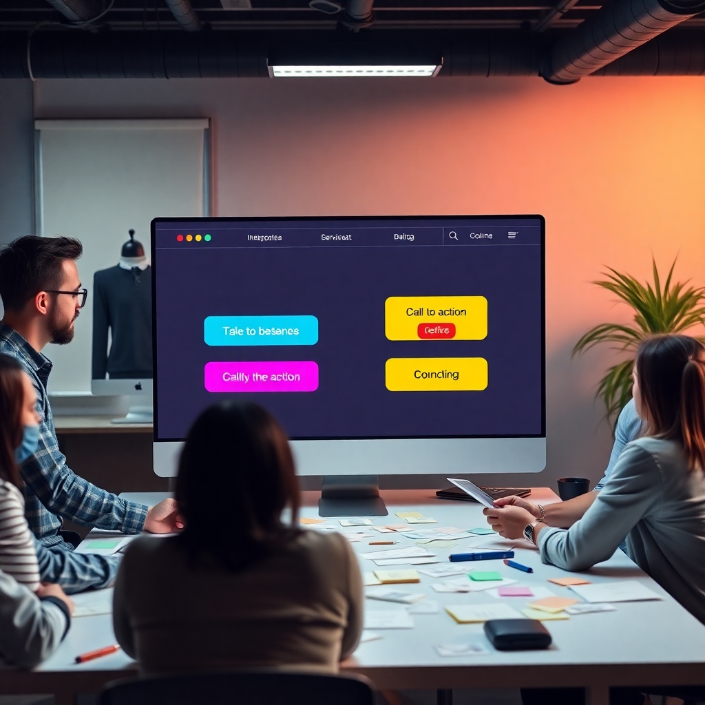 A stylized image of a webpage with attention-grabbing call-to-action buttons. The screen is split to showcase different designs of CTAs highlighted in vibrant colors. The environment is a modern office with team members brainstorming around a table littered with concept notes. The lighting is soft yet focused, creating an inspiring atmosphere. The overall tone reflects a blend of professionalism and creativity. Style references include digital marketing. Technical specs: 4K resolution, high quality.