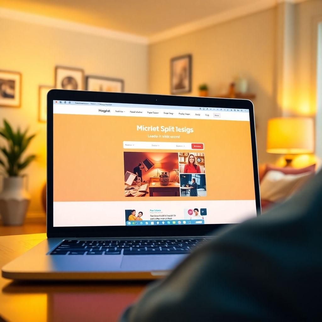 A vibrant image capturing the essence of high-speed web performance on a user's laptop screen, revealing a website that loads in a split second. The surrounding area is a cozy living room with cheerful lighting and decor. The focus is on the screen, depicting responsive design. The overall color scheme enhances the feeling of speed and efficiency. Style references include lifestyle and tech. Technical specs: 4K resolution, high quality.