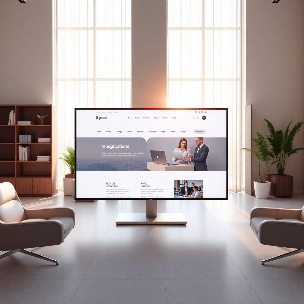 An elegant image featuring a website with an intuitive navigation bar displayed on a large screen in an aesthetically pleasing office space. Soft sunlight filters through the room, adding warmth to the scene. The color palette is modern and clean, focusing on usability. The texture details illustrate the modern design's smoothness. Style references include user experience design. Technical specs: 4K resolution, high quality.