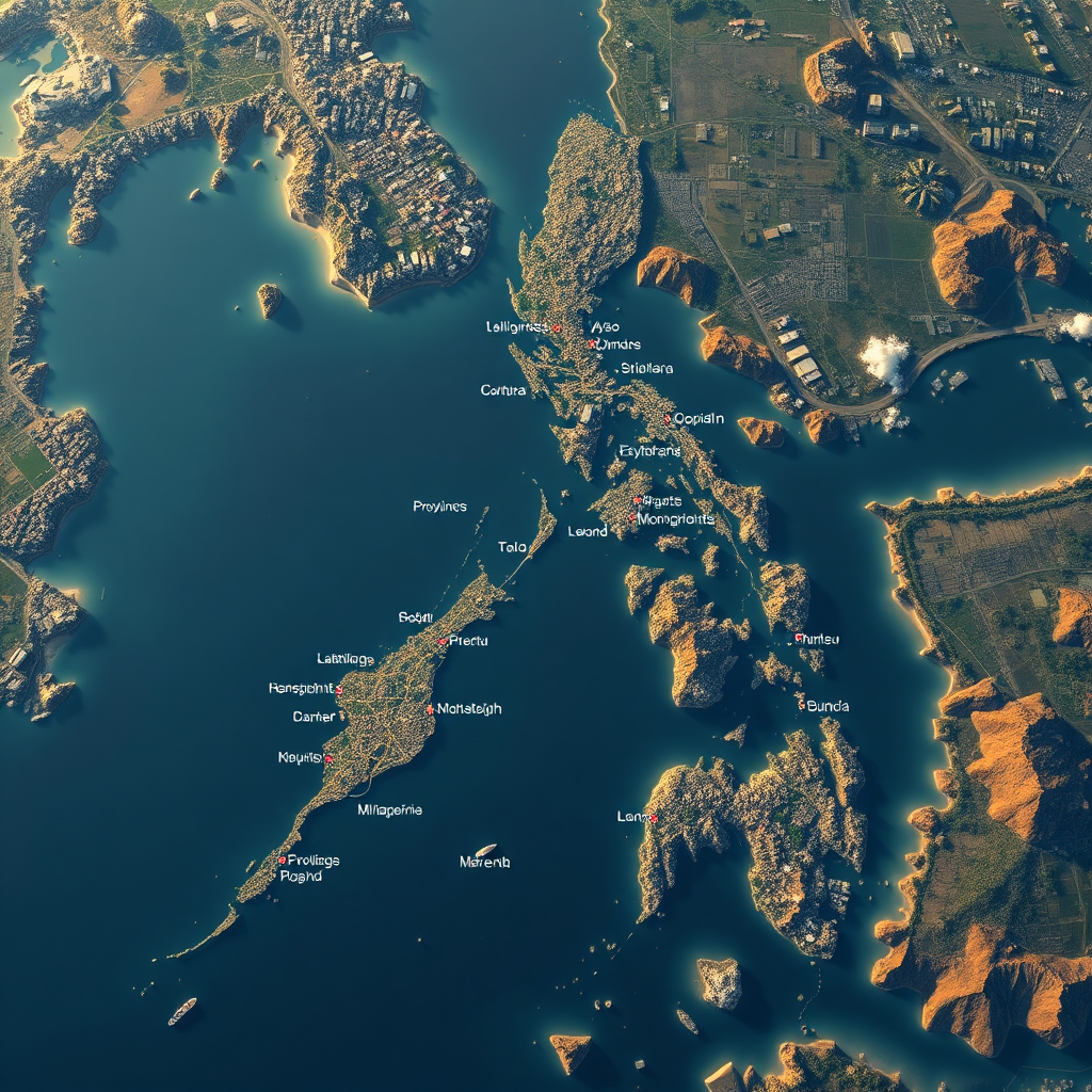A photorealistic aerial view of the Luzon island in the Philippines, highlighting key cities and provinces where Claycrette is available. Transportation networks are visible, symbolizing accessibility. The image should convey progress and connectivity.