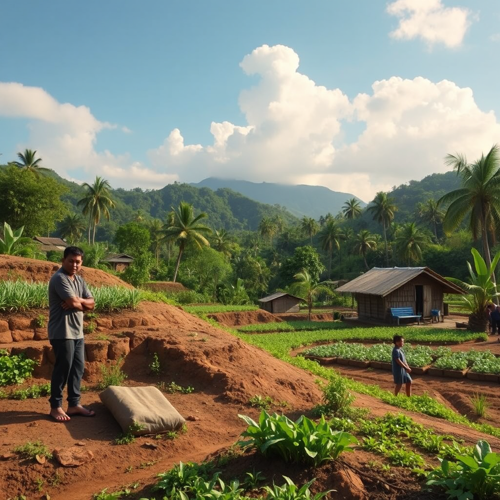 A photorealistic depiction of Mindanao, showcasing Claycrette being used in agricultural projects. The focus is on sustainable farming practices and the positive impact of Claycrette on local communities.
