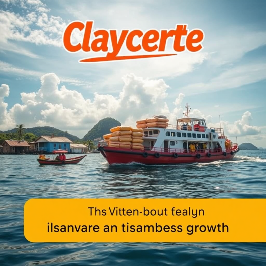 A photorealistic image capturing the islands of Visayas, with Claycrette being transported via ferry. The scene depicts vibrant coastal communities and emphasizes Claycrette's role in fostering growth.