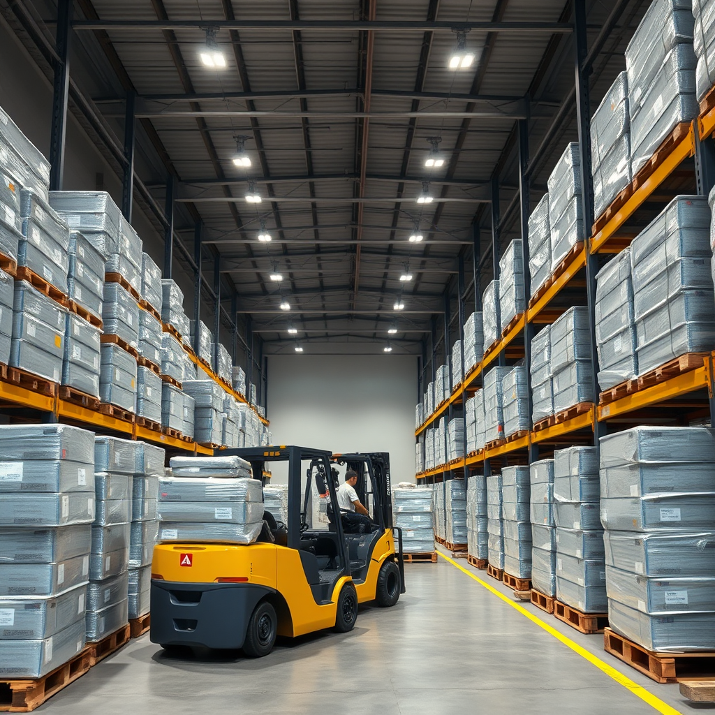 A photorealistic image depicting a modern warehouse filled with pallets of Claycrette ready for distribution. The warehouse is clean and organized, with forklifts moving efficiently. The lighting is bright and industrial, highlighting the efficiency of the operation. The camera angle is a wide shot, capturing the scale of the warehouse. Use a color palette of grays, blues, and yellows to represent the industrial setting.