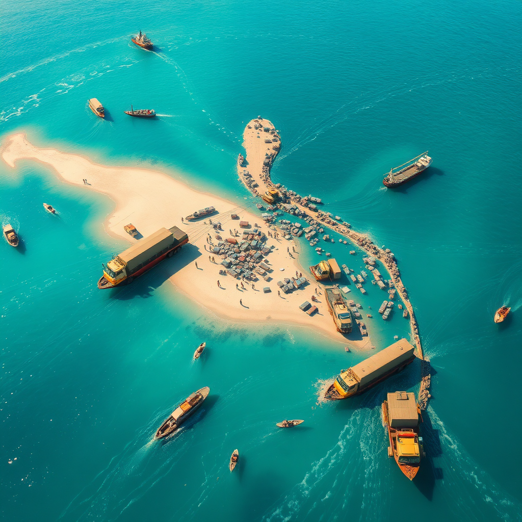 A photorealistic image depicting a network of transportation routes across the Philippine archipelago. Trucks, ships, and even small boats are shown delivering Claycrette to various locations. The lighting is bright and sunny, highlighting the bustling activity. The camera angle is an aerial view, showcasing the vastness of the distribution network. Use a color palette of blues, greens, and yellows to represent the ocean, land, and sunlight.