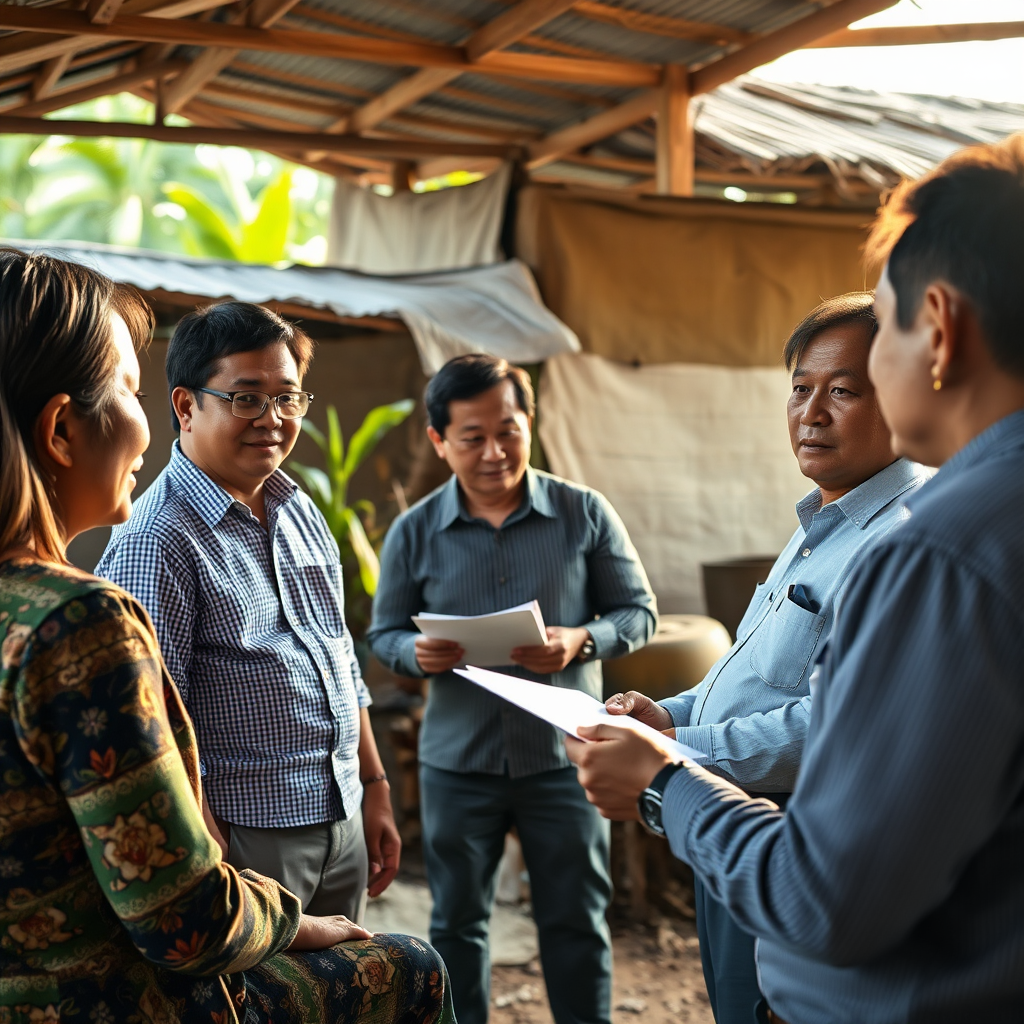A photorealistic image depicting a meeting between Nvirogreen consultants and local distributors in a rural Philippine setting. The consultants are presenting information about Claycrette to a group of attentive locals. The lighting is warm and inviting, creating a sense of trust and collaboration. The camera angle is a medium shot, capturing the facial expressions and body language of the participants. Use a color palette of earth tones and greens to represent the natural environment.