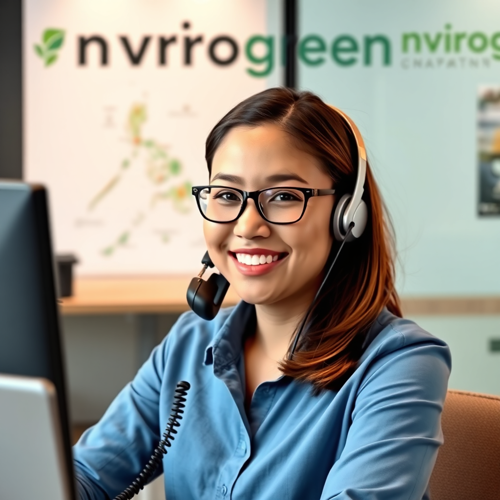A photorealistic image of a friendly Nvirogreen consultant speaking on the phone in a modern office setting. The background features a map of the Philippines and company branding. Use a warm and professional color palette.