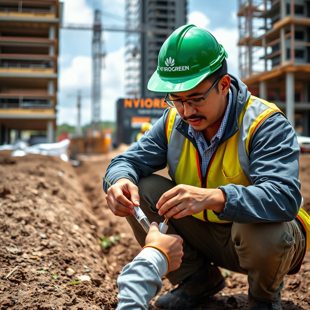 A photorealistic image of a Nvirogreen consultant analyzing soil samples on a construction site in the Philippines. Use a serious yet approachable style.