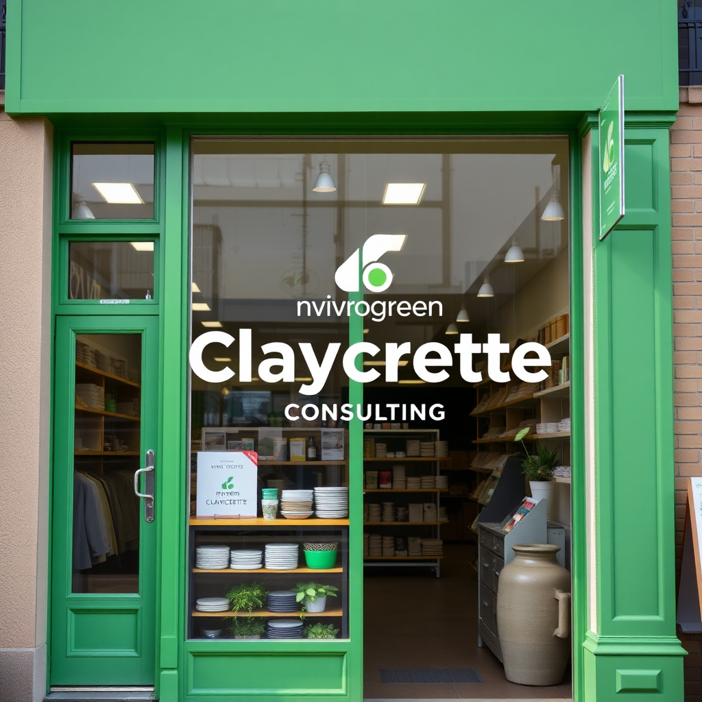 A photorealistic image of an authorized Claycrette dealer displaying the Nvirogreen Consulting logo prominently in their storefront. The store is clean and well-stocked, conveying a sense of reliability and trust. Use a bright and inviting color palette.