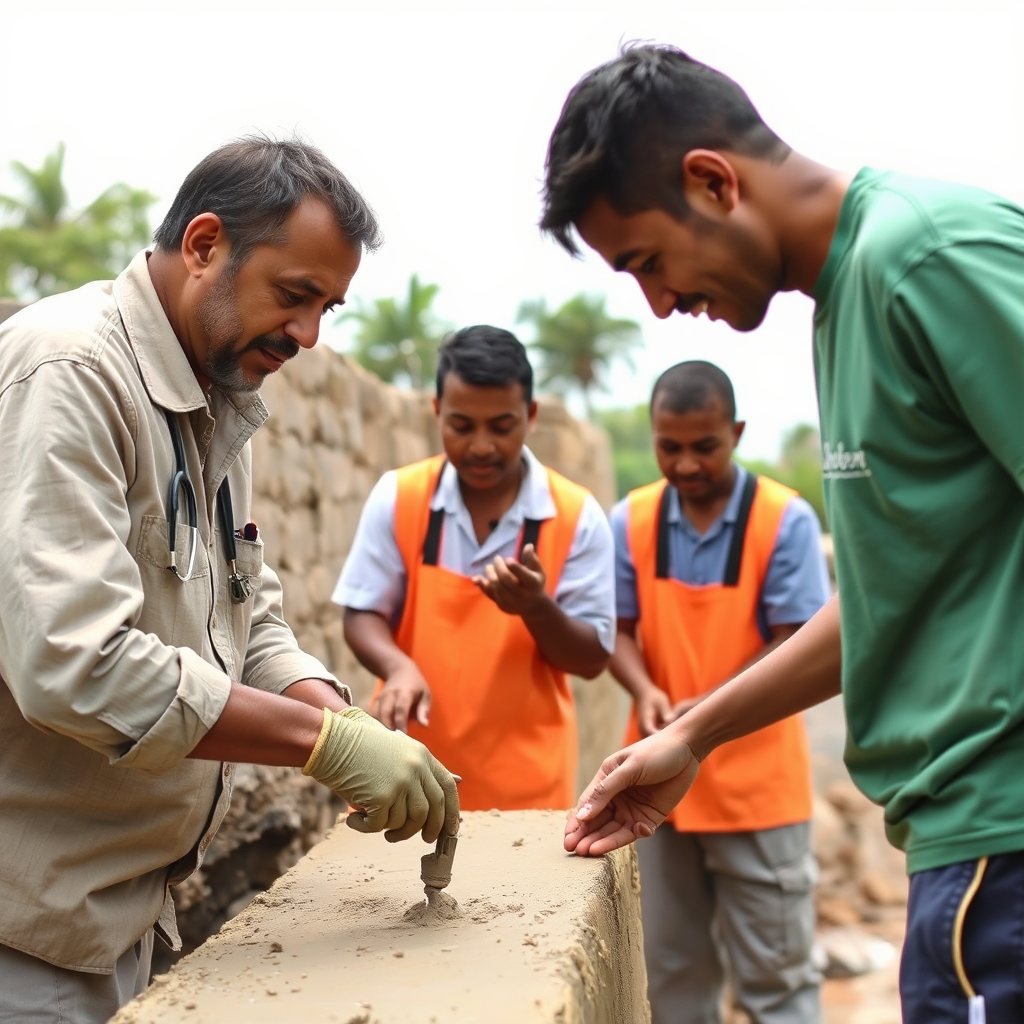 A photorealistic image showing Nvirogreen consultants training local workers on the proper application of Claycrette. Use a positive and collaborative tone.