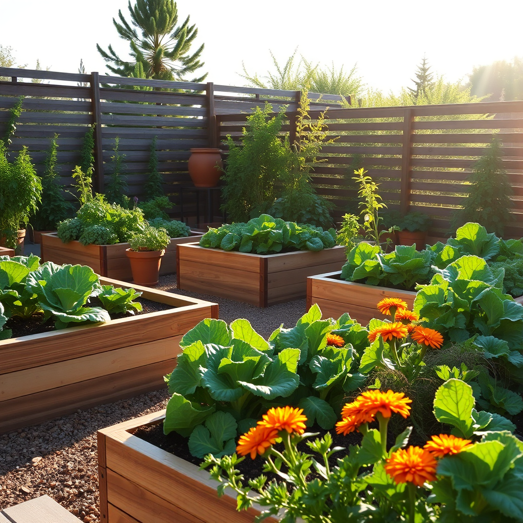 Sunlit home garden with raised beds