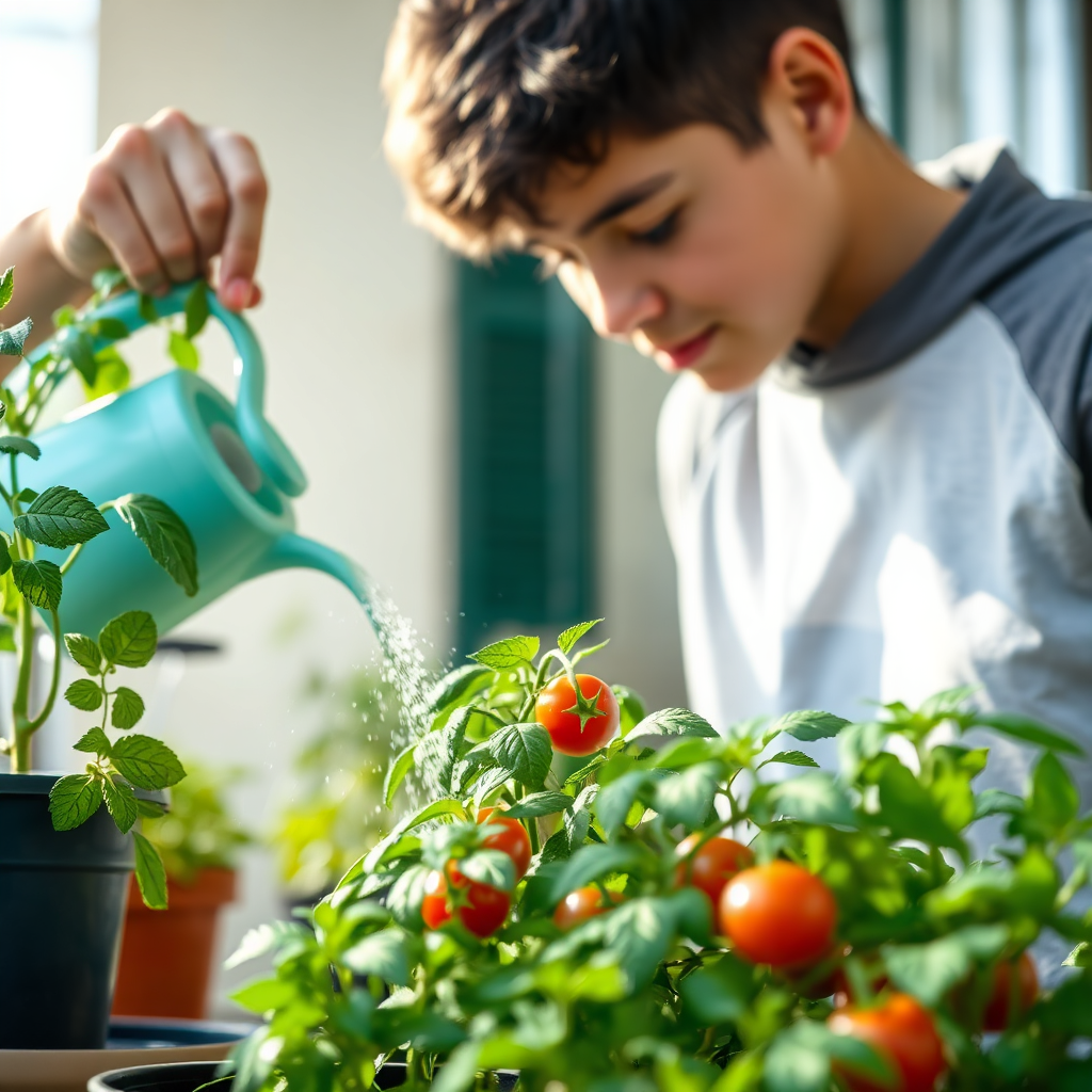Gardener watering herb pots on balcony