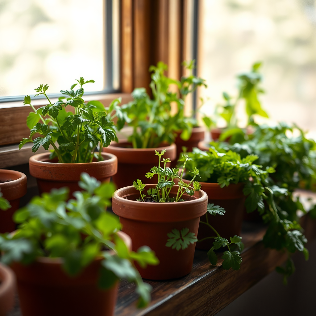 Herbs on a wooden shelf by window