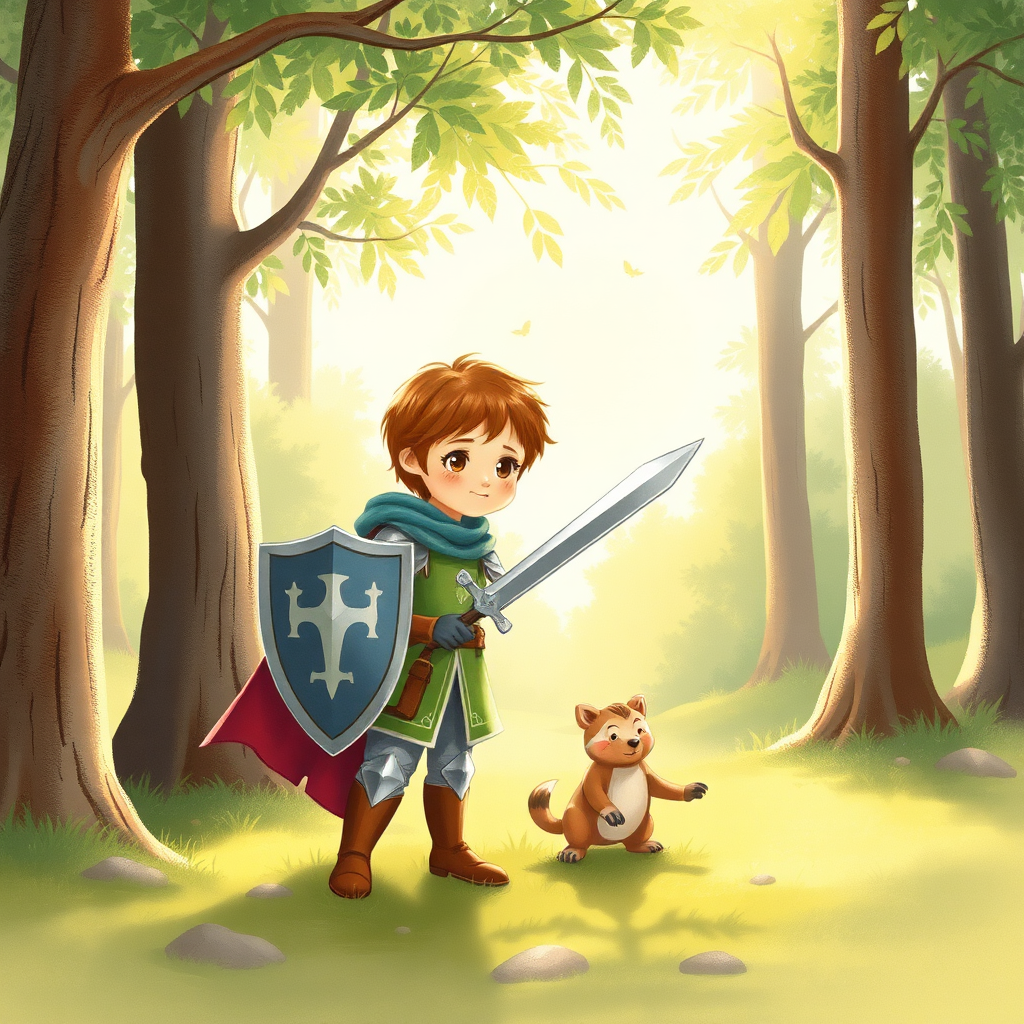 Child as brave knight with sword and shield