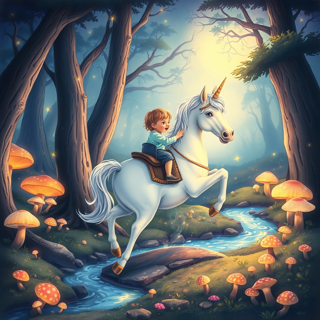 Child riding unicorn through enchanted forest