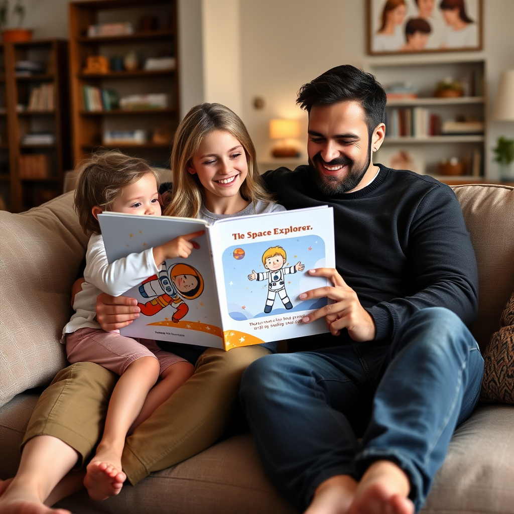 Family reading personalized book together