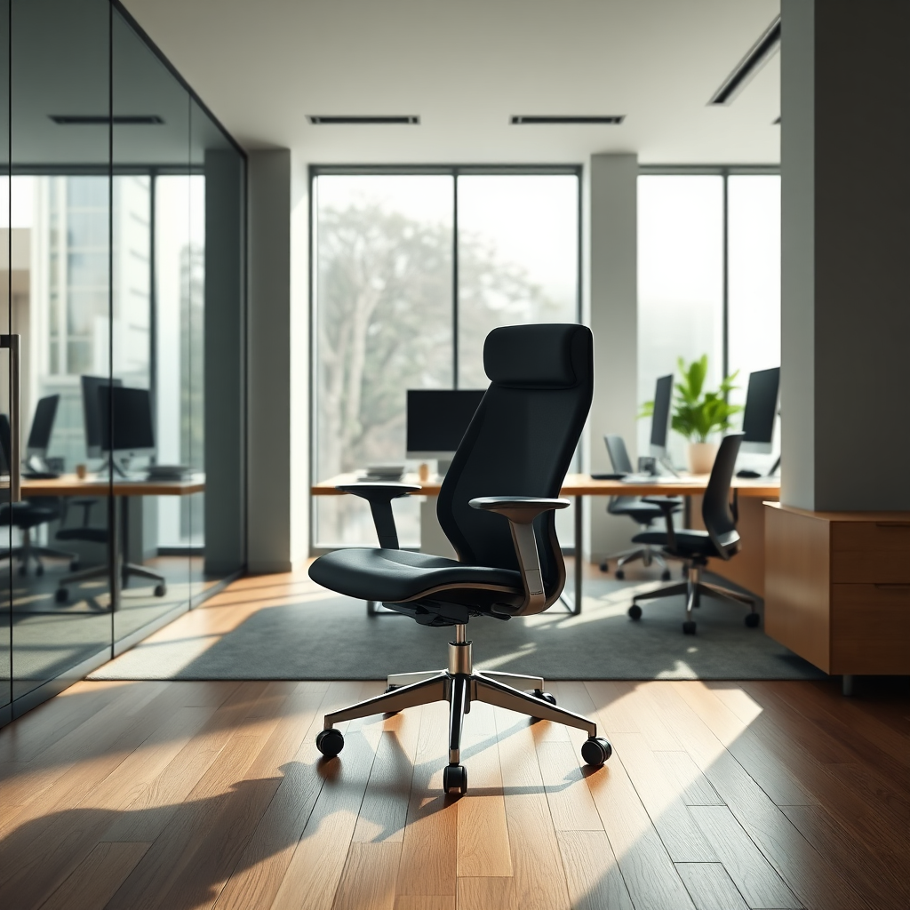 A 360-degree view of the chair in a modern office setting. Capture the chair from all angles, showcasing its design and elegance. Natural, diffused lighting, high resolution.