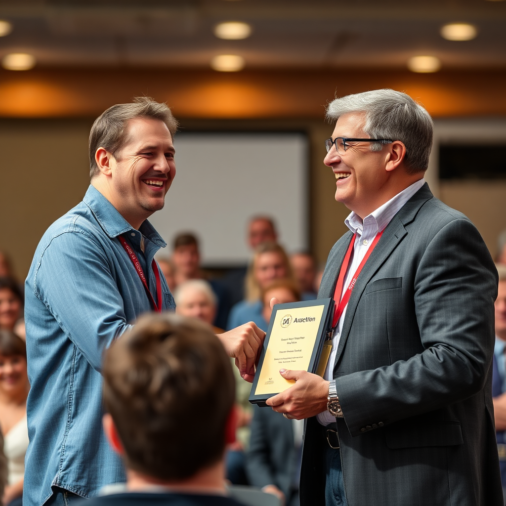 A buyer smiling with glee as they accept their newly won reward after an auction. The buyer is standing on a stage. There is an audience that is also smiling. Camera is focusing on the buyer and the newly won reward. Style: Joyful and inclusive.