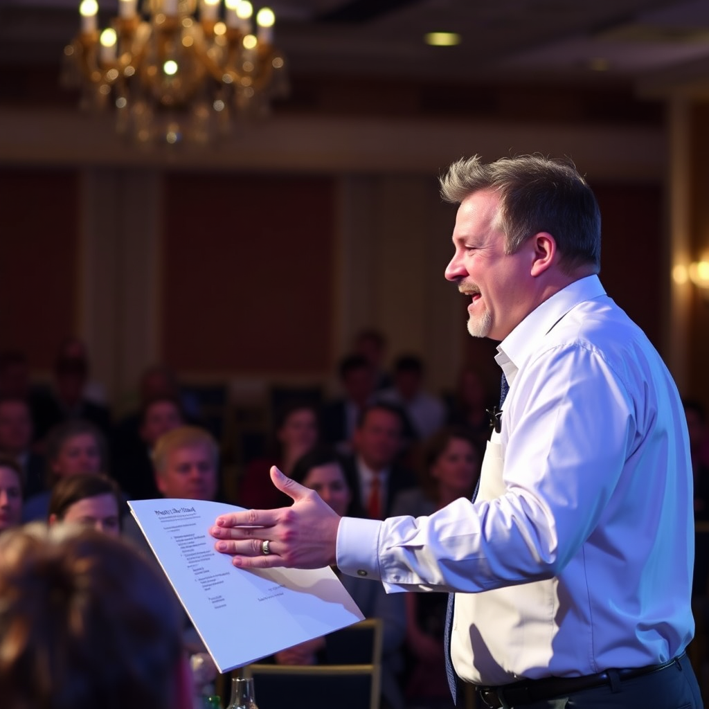A charismatic host on stage, passionately presenting an item during a live auction. The audience is captivated, and the atmosphere is energetic and exciting. Style: Dynamic and engaging.