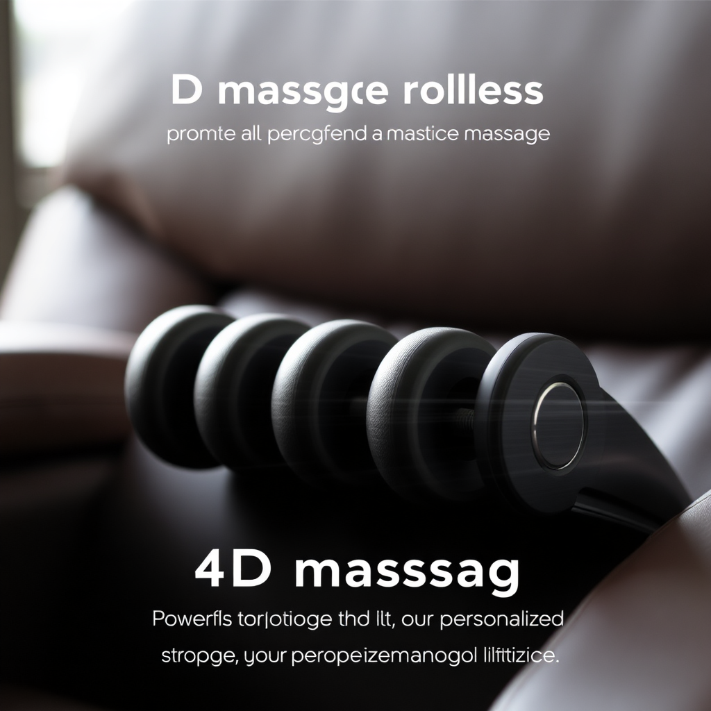 A close-up, dynamic shot of the 4D massage rollers in action, showcasing their movement and depth. The rollers are positioned against a blurred background of the chair's leather upholstery. Lighting is focused on the rollers, creating highlights and shadows that emphasize their texture and shape. Motion blur suggests the rollers are moving in a realistic, human-like manner. The overall feeling is one of powerful, targeted massage that promotes deep relaxation and muscle relief. The focus is on the technology and its ability to provide a personalized massage experience.