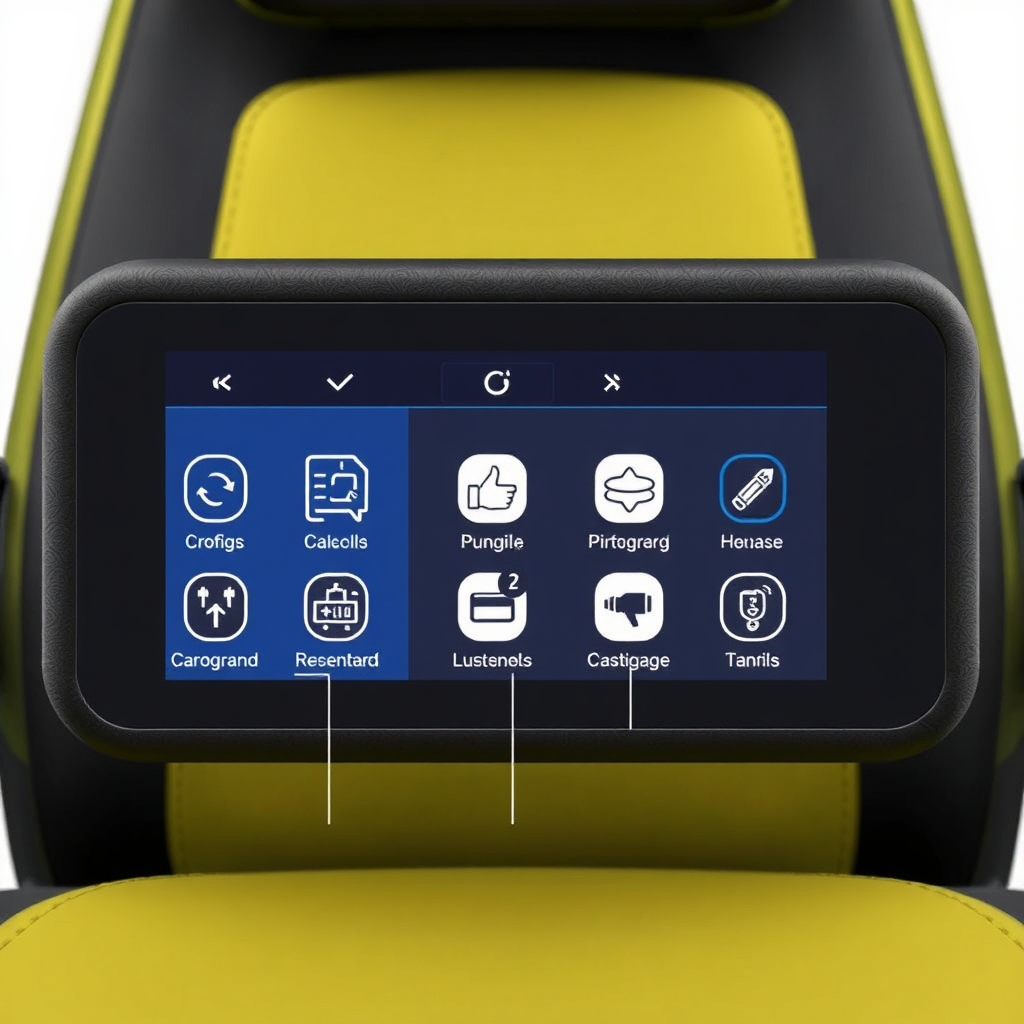 A close-up image of the chair's control panel, highlighting the various settings and options. Use clear, intuitive icons and a user-friendly interface. The overall style should be modern and tech-forward.