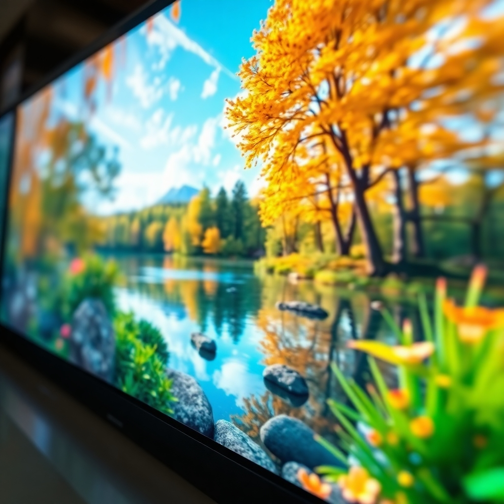 A close-up, photorealistic image of a high-resolution digital display showcasing vibrant colors and sharp details. The display is showing a captivating nature scene. The lighting is even and balanced, and the composition emphasizes the clarity and realism of the visuals. Style: Modern, clean, and immersive. Technical specs: 4K resolution, ultra-high definition textures, accurate color reproduction.