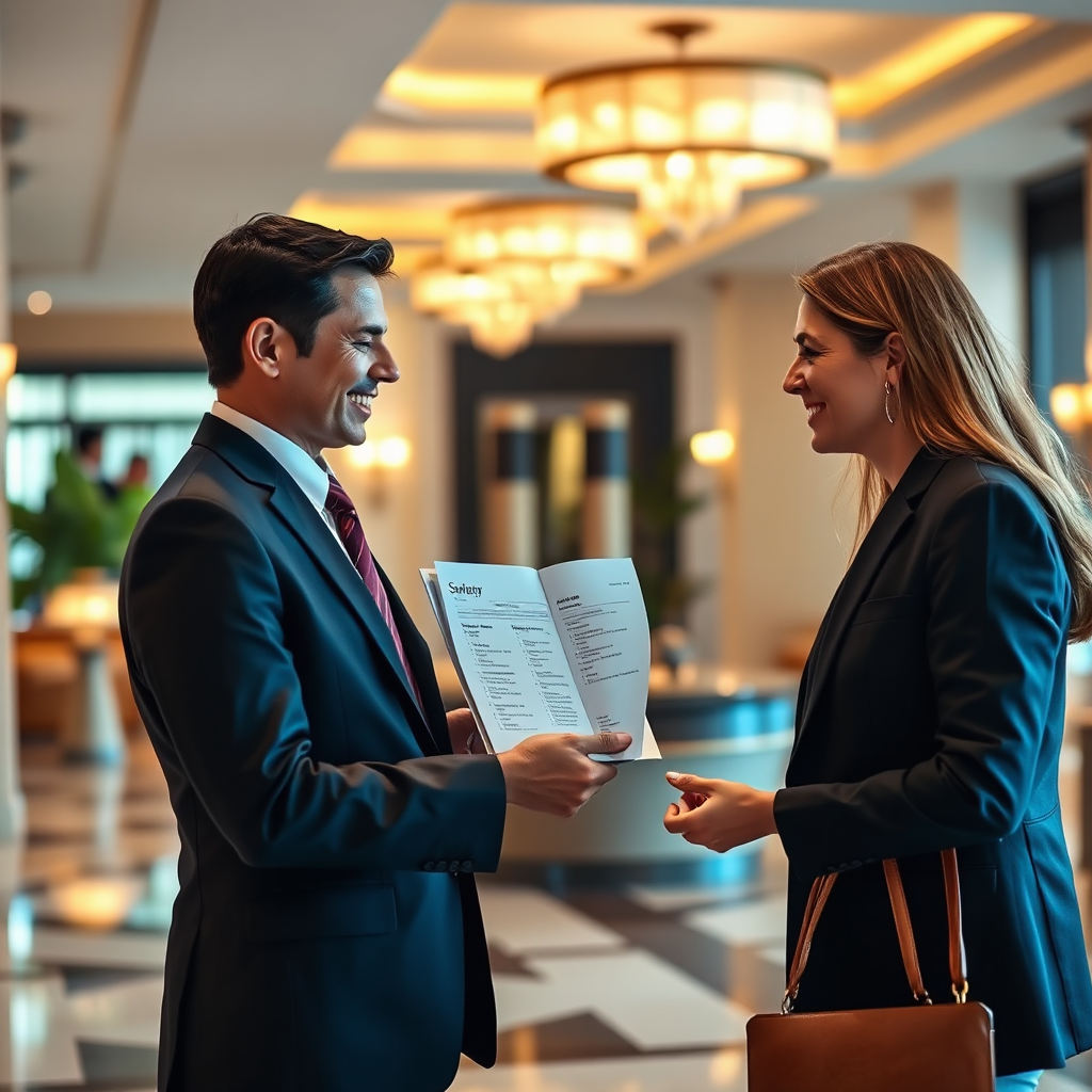 A close-up shot of a friendly concierge handing a guest a personalized itinerary in a luxurious hotel lobby. Focus on the interaction and the attention to detail. Use warm lighting and a welcoming color palette. High-resolution rendering.