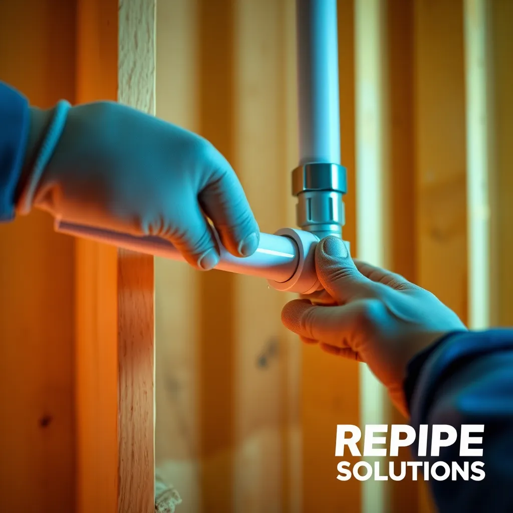 A close-up shot of a plumber's hands expertly connecting a Uponor PEX pipe to a fitting, with a soft diffused light highlighting the gleaming white pipe and the precision of the connection. The background should feature a partially finished wall with exposed framing, showcasing the pipe running neatly within the wall. The image should have a warm, inviting color palette with shades of blue, green, and white, reminiscent of the Repipe Solutions logo. Emphasize the clean and modern look of the PEX pipe, showcasing its flexibility and durability. The image should capture the professionalism and expertise of the plumbing work, highlighting the quality and efficiency of Repipe Solutions' services. Render the image in ultra-high quality, focusing on realistic textures and details.