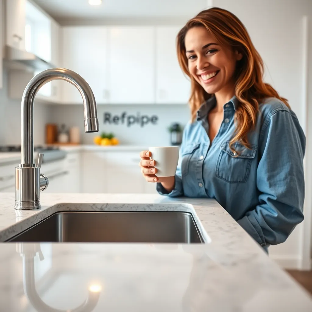 A close-up shot of a sparkling clean sink and countertop with a soft diffused light highlighting the polished surfaces. The image should feature a satisfied homeowner standing near the sink, smiling and holding a cup of coffee, enjoying the benefits of the newly repiped system. The background should be a clean and modern kitchen with stainless steel appliances and a bright, open space. The image should capture the joy and satisfaction of the homeowner, highlighting the convenience and peace of mind that Repipe Solutions' services bring. Render the image in ultra-high quality, focusing on realistic textures and details. Include a subtle hint of the Repipe Solutions logo in the background, reinforcing the brand identity.
