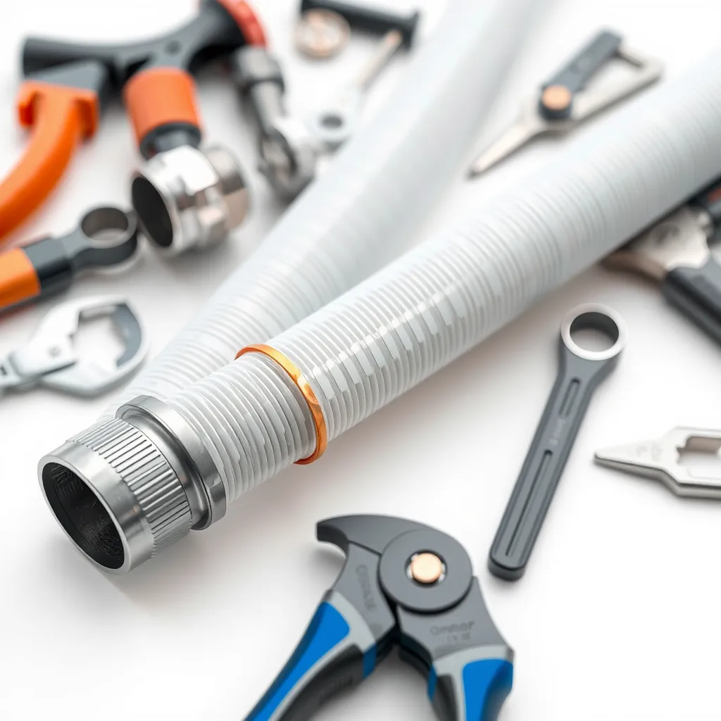 A close-up shot of a Uponor PEX pipe, showcasing its flexibility and durability. The pipe is surrounded by a variety of plumbing tools, emphasizing the ease of installation.  The background is a clean, bright white, allowing the pipe to stand out. 
