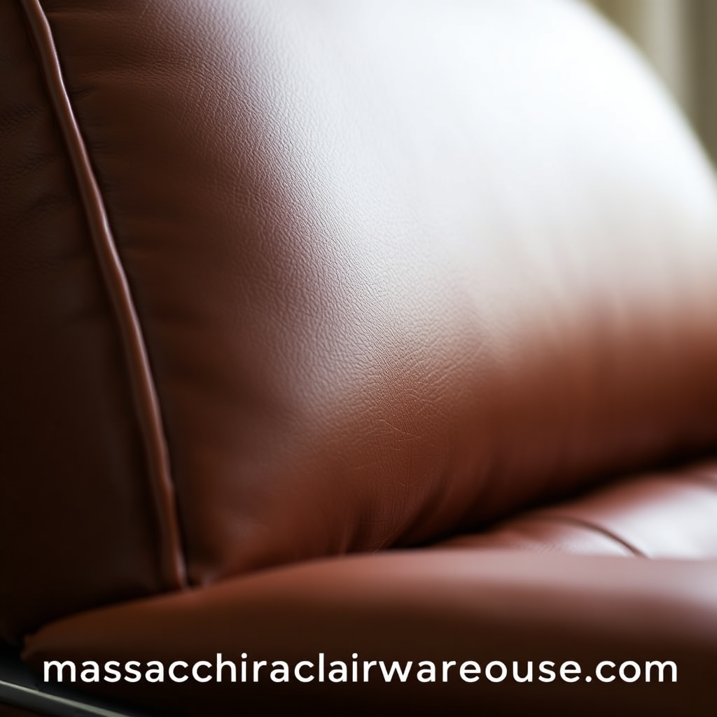 A close-up shot of the luxurious leather upholstery on a Top Executive Chair. The focus should be on the rich texture and fine details of the leather, highlighting its supple feel and premium quality. The stitching should be visible, showcasing the attention to detail and craftsmanship. Soft, diffused lighting should create a warm and inviting ambiance. The image should evoke feelings of luxury, comfort, and sophistication, emphasizing the chair's high-end materials and superior design. Pulling images from https://massagechairwarehouse.com/.