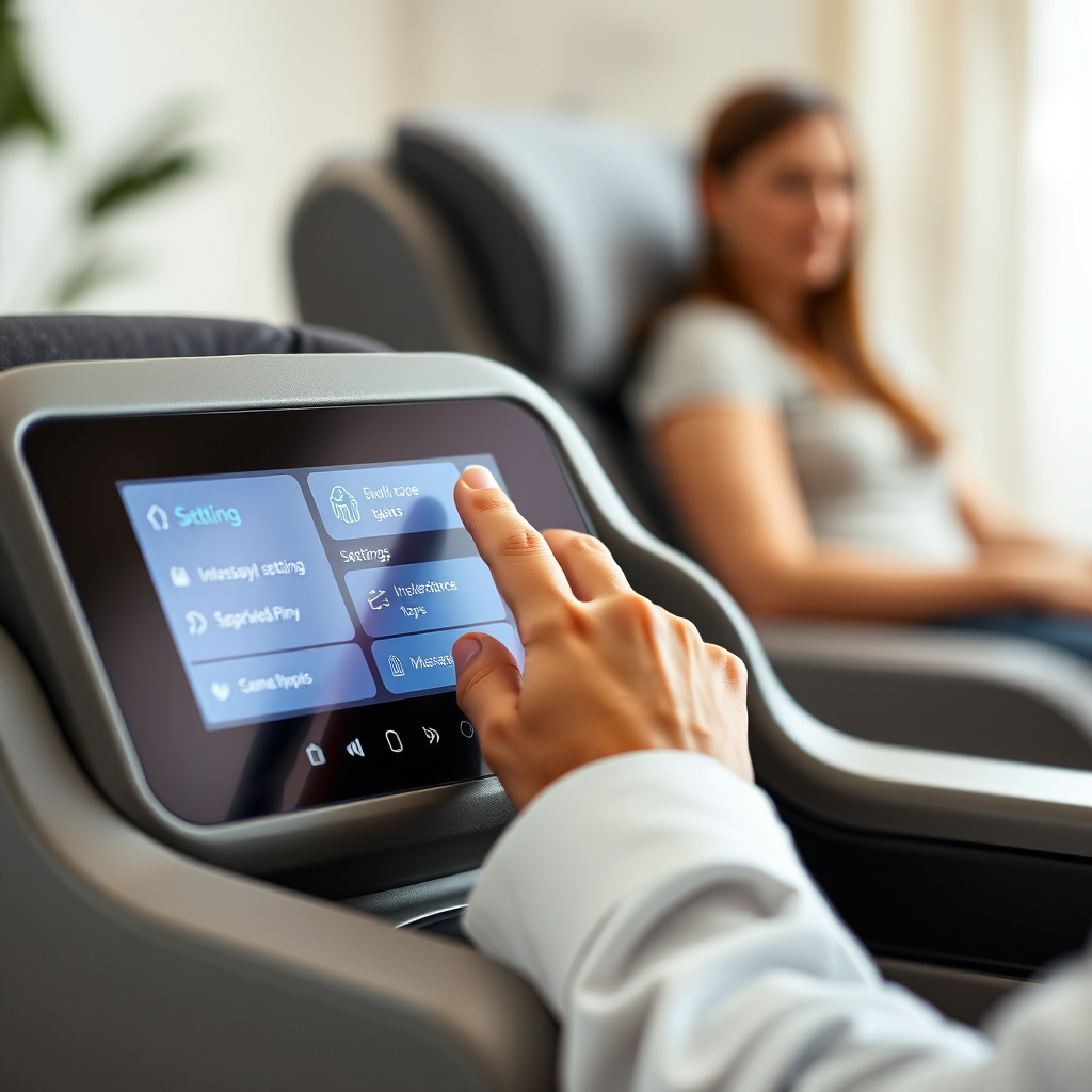 A close-up shot of the massage chair's smart touchscreen interface, highlighting its intuitive design and user-friendly features. The screen displays various massage options and settings. A hand is gently touching the screen, demonstrating the ease of navigation. The lighting is soft and focused on the screen, ensuring clarity and readability. In the background, a blurred image of the chair and its user suggests the seamless integration of technology and comfort. The overall feel is one of modern convenience and effortless control, showcasing the chair's commitment to user-friendly technology and personalized massage experiences.
