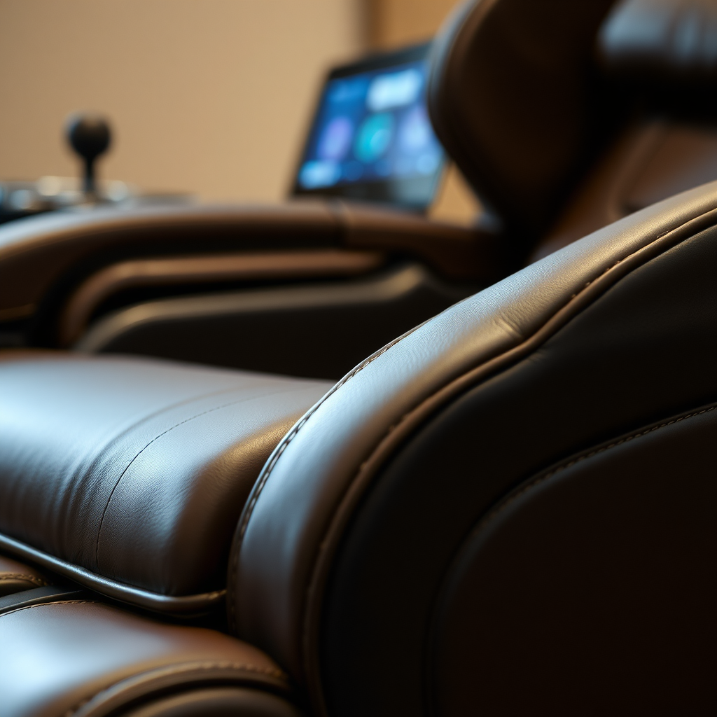 A close-up shot showcasing the intricate details of a luxury massage chair. Focus on the high-quality leather, precise stitching, and ergonomic design elements. Subtle lighting highlights the texture and craftsmanship. In the background, a soft-focus view of the chair's massage rollers and control panel suggests the advanced technology within. The overall impression is one of refined elegance and cutting-edge functionality working in perfect harmony, showcasing both the beauty and the technical sophistication of the chair.