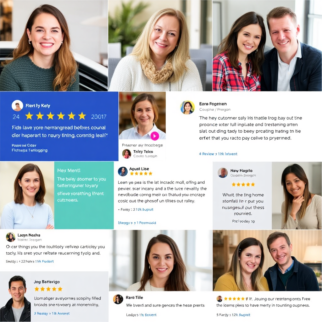 A collage of happy customers leaving positive reviews and testimonials on various social media platforms and review sites. Style: Welcoming and trustworthy.
