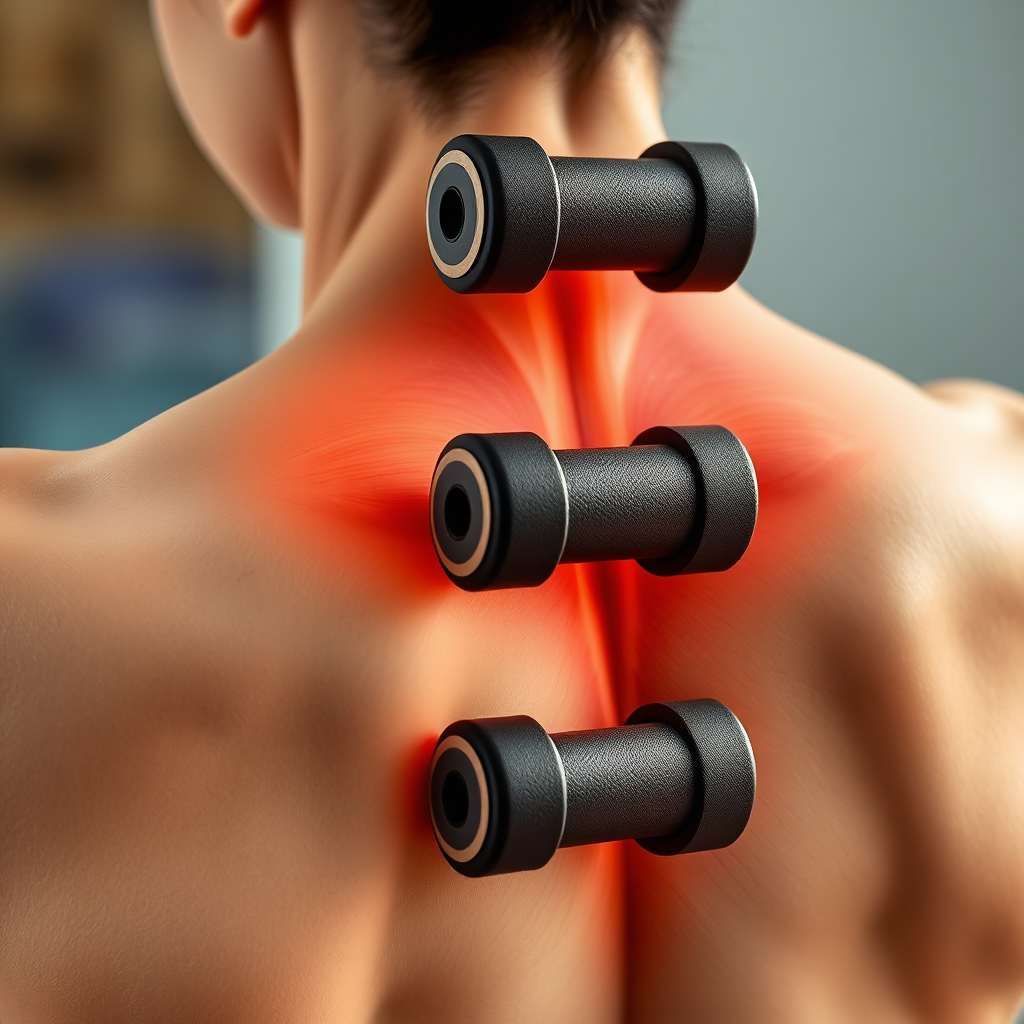 A detailed, close-up image showcasing the massage rollers targeting specific muscle groups in the back. Use a translucent overlay to reveal the underlying muscle structure.