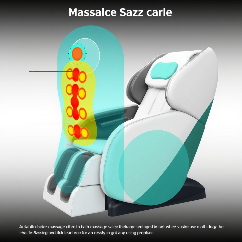 A detailed diagram of the massage chair highlighting the different massage zones (neck, back, lumbar, legs) with color-coded areas. Use a clean and modern design to present the information.