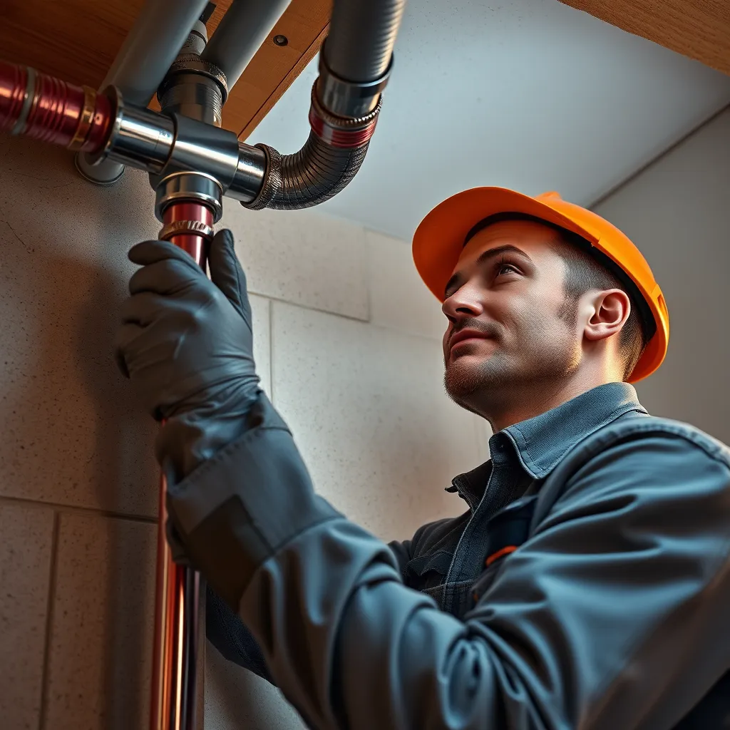 A detailed photorealistic image of a plumber installing Uponor PEX pipe in a home, showcasing the high-quality material and meticulous workmanship. The image should emphasize the reliability and long-lasting nature of the pipe.