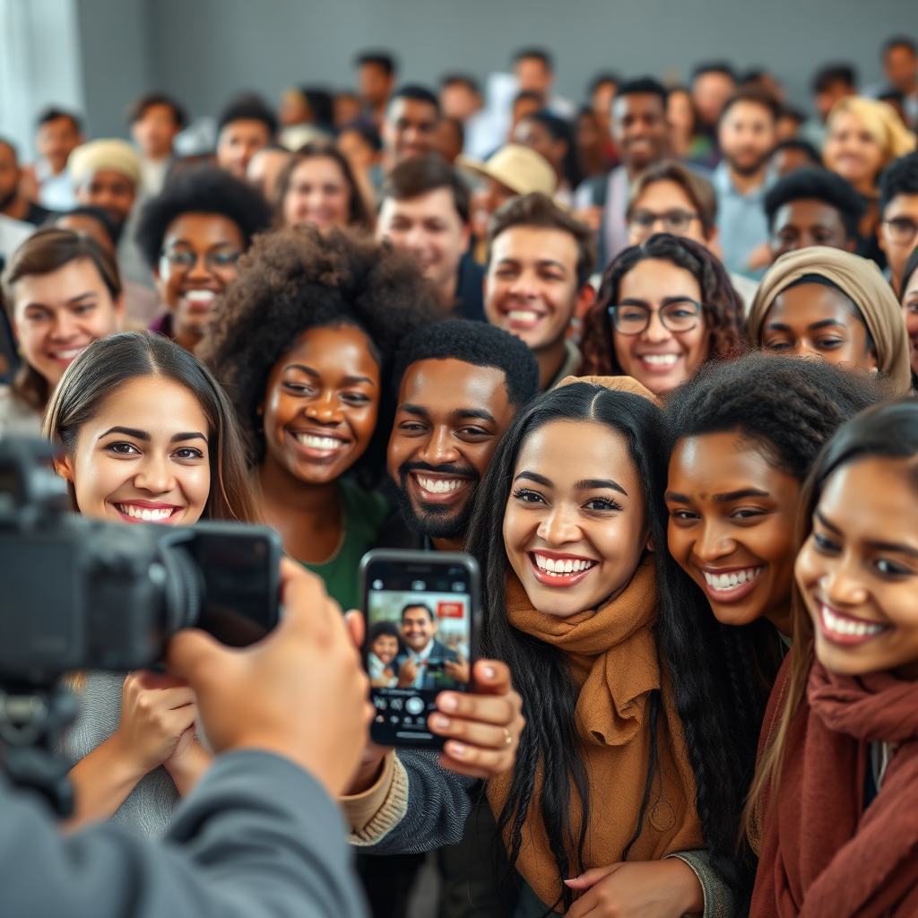 A diverse group of people from different cultural backgrounds are gathered. They are smiling and happily using the ShowBidz app. Camera is focusing on the inclusive nature of the crowd. Style: Inclusive and welcoming.