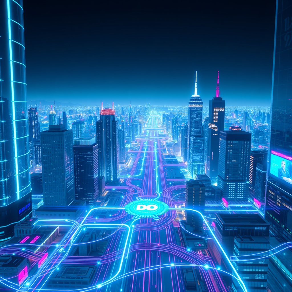 A futuristic cityscape with glowing lines connecting potential customers to a central hub. Focus on automation and connection. Use a cool color palette (blues, purples). 4K resolution, photorealistic style.