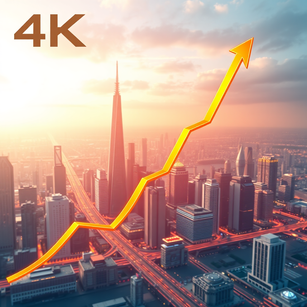 A graph trending upwards, symbolizing growth and scalability. The graph is overlaid on a futuristic cityscape. Use vibrant colors to indicate positive progress. 4K resolution, stylized rendering.