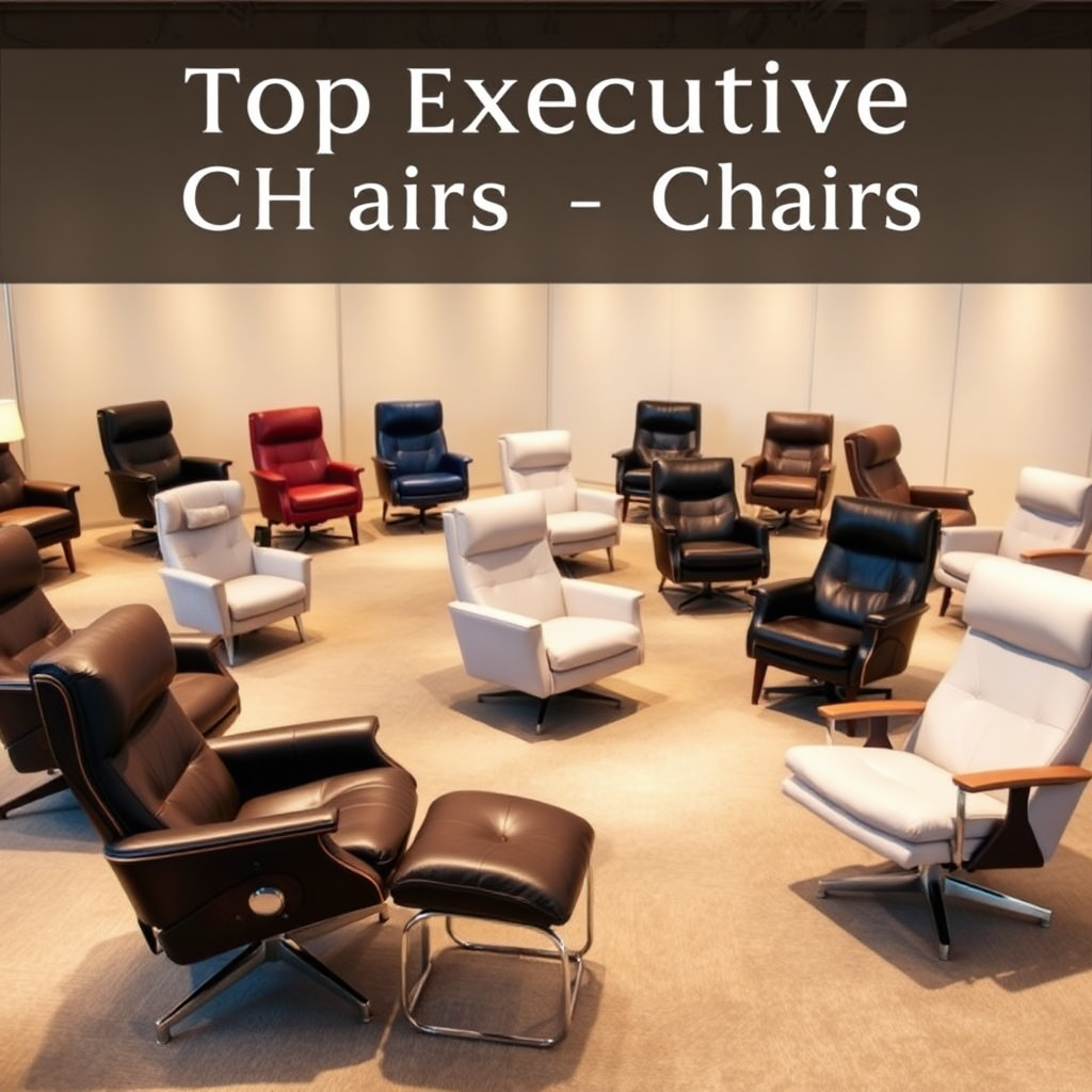A hero image featuring a selection of Top Executive Chairs arranged in an elegant showroom setting. The chairs should be displayed from various angles, highlighting their unique designs and features. Soft, inviting lighting should create a warm and welcoming atmosphere. A subtle call-to-action button or banner should encourage visitors to explore the collection and discover their ideal chair. The overall impression should be one of luxury, comfort, and relaxation, enticing potential customers to take the next step and invest in their well-being.