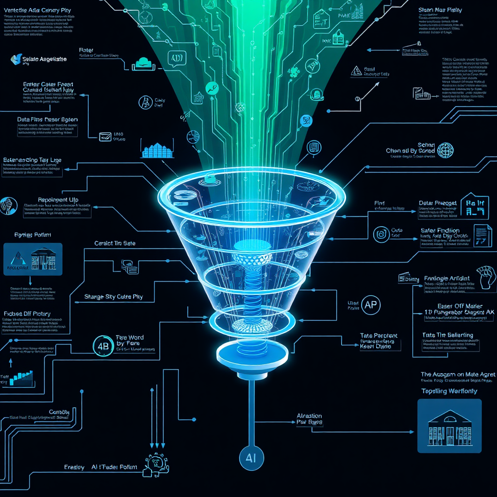 A highly detailed schematic of a complex AI-powered funnel with data streams flowing through various stages. The image should highlight the interconnectedness and efficiency of the system, using a blend of technical diagrams and modern design elements. The color palette should consist of blues, greens, and whites, evoking a sense of innovation and clarity. Technical specs: 4K resolution, photorealistic rendering with ray tracing.