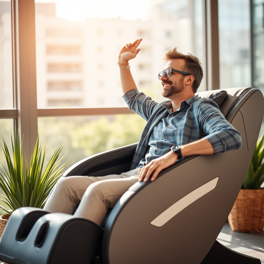 A lifestyle image of a healthy, active professional enjoying their life outside of work, attributed to the comfort and support of their ergonomic massage chair. The overall tone should be positive and aspirational.