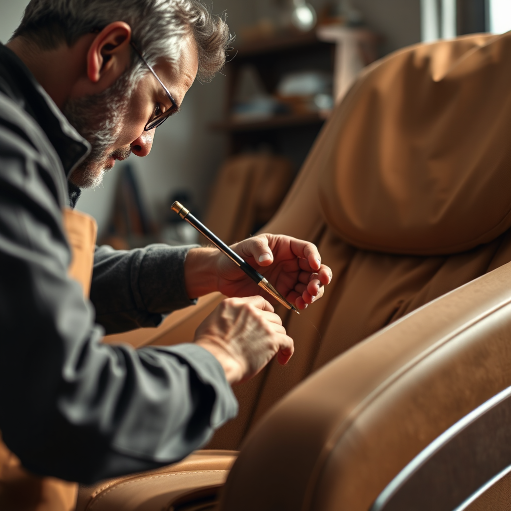 A macro shot of a craftsman meticulously working on a high-end massage chair, showcasing the attention to detail and commitment to quality. Emphasize the texture and craftsmanship. Use warm lighting and a high-quality rendering. A focus on the dedication to perfection.