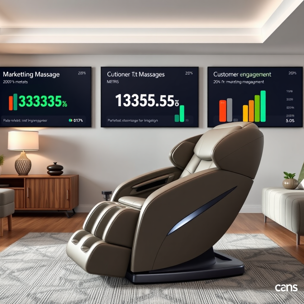 A modern living room featuring a state-of-the-art massage chair, with digital displays showcasing marketing metrics and customer engagement. Show the chair as the focal point of a successful marketing campaign.