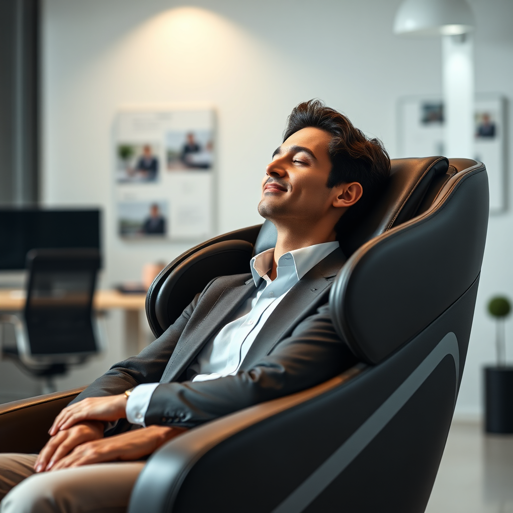 A modern, minimalist office setting. An executive is seated in a luxurious massage chair, eyes closed, a serene expression on their face. Soft, diffused light illuminates the scene. The chair is sleek, with premium leather and subtle stitching. In the background, blurred images of a productive workspace hint at the chair's role in enhancing focus and well-being. The overall tone is one of tranquility and enhanced productivity, emphasizing the chair as a personal oasis within a busy environment.