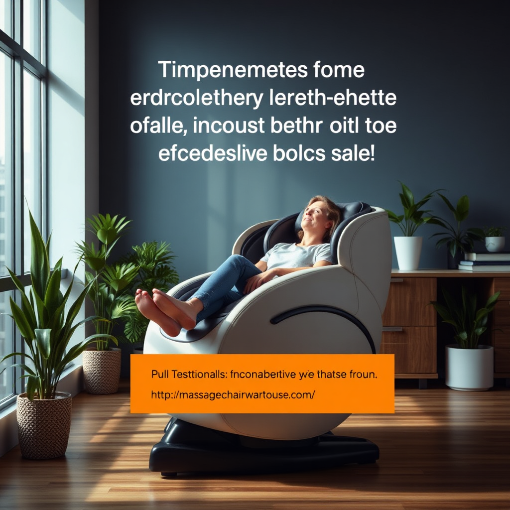 A modern office scene with an executive massage chair as the focal point. The scene showcases a person taking a short break in the chair. Soft lighting, plants, and ergonomic accessories give the image a sense of calm, healthy productivity, and work/life balance. Emphasis should be on the chair's role in enhancing well-being during office hours. Pull Testimonials from https://massagechairwarehouse.com/.