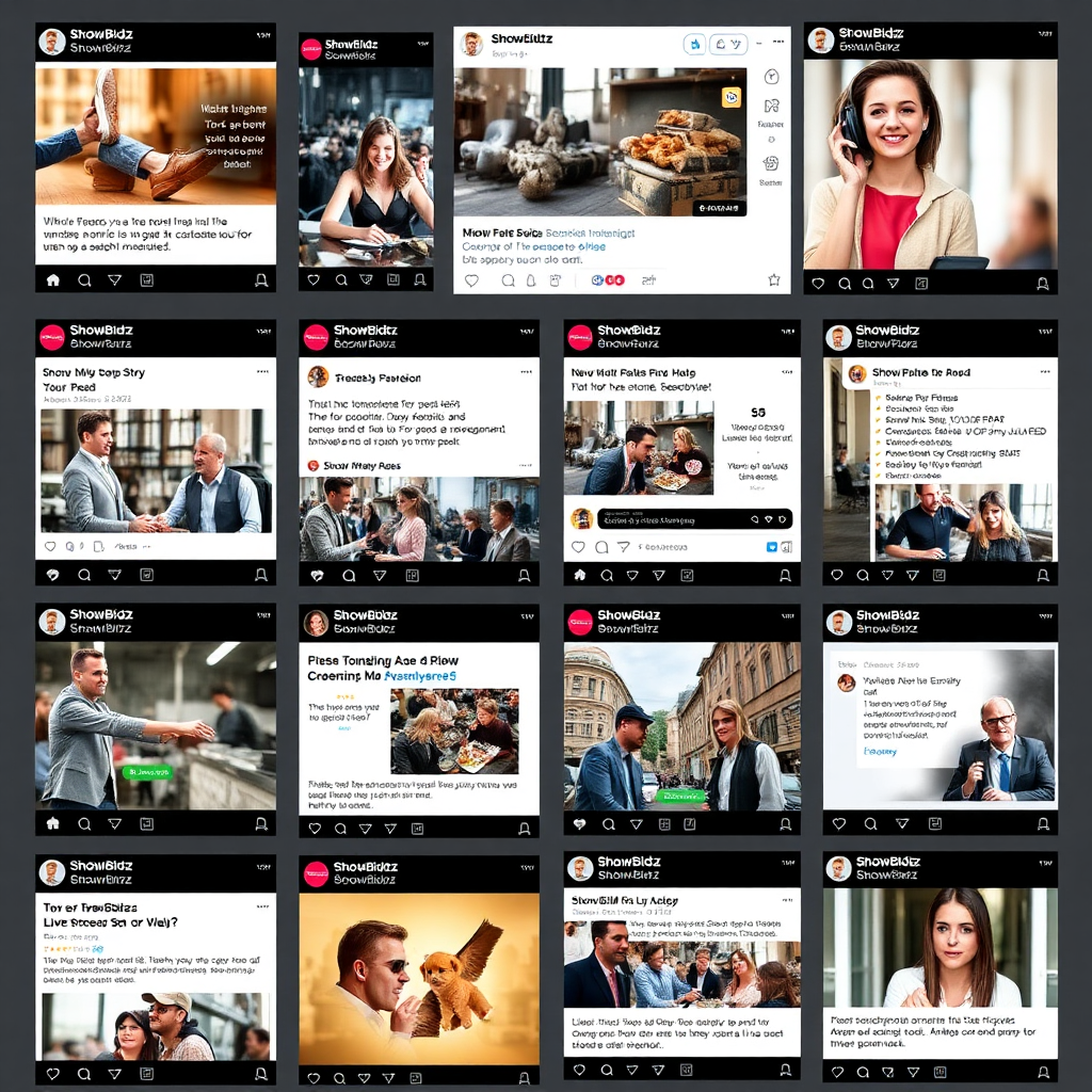 A montage of social media posts, showcasing exciting auctions, community interactions, and engaging content on ShowBidz's social media channels. Style: Interactive and engaging.