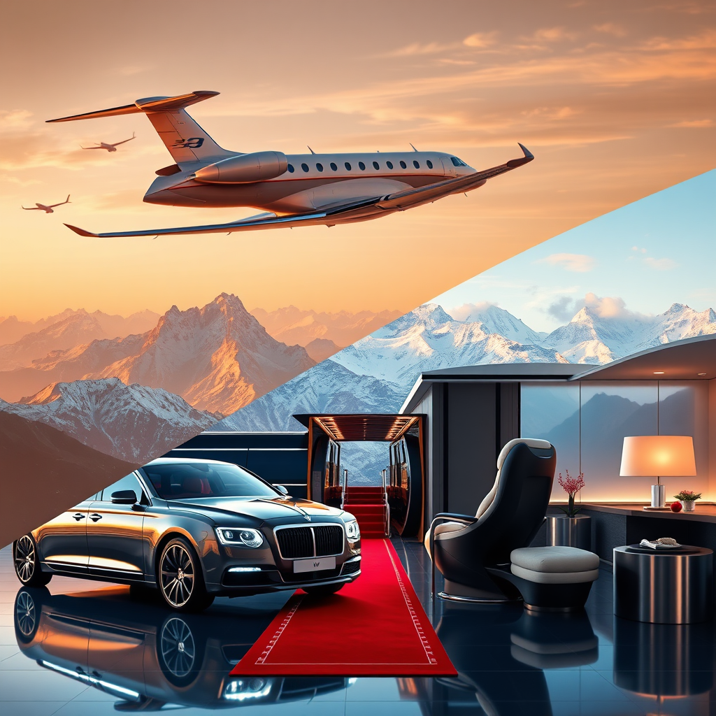 A montage showcasing luxurious experiences: a private jet flying over the Swiss Alps, a sleek limousine pulling up to a red carpet event, and a high-end massage chair in a modern spa. Each scene should be subtly connected and visually stunning. Use a vibrant and sophisticated color palette. High-resolution rendering.
